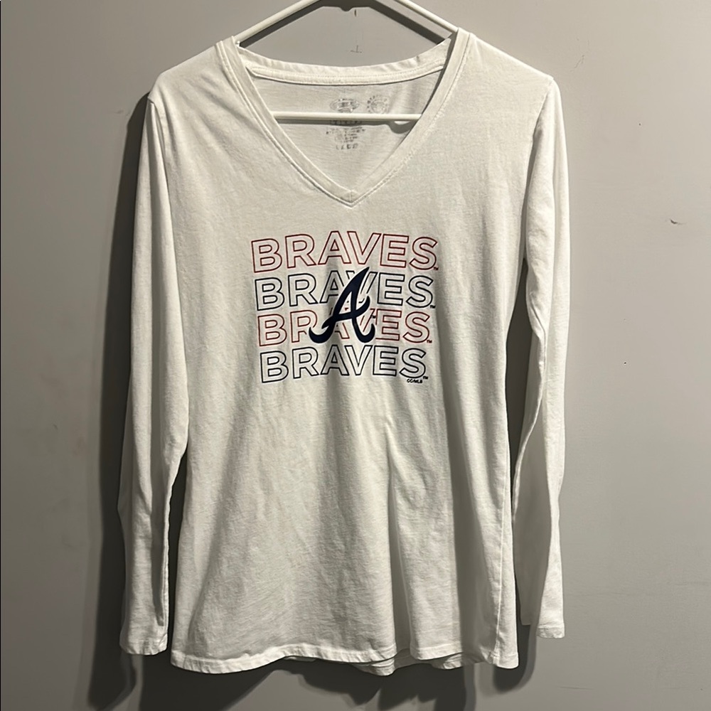 White Braves Long‎ Sleeve V-Neck Shirt